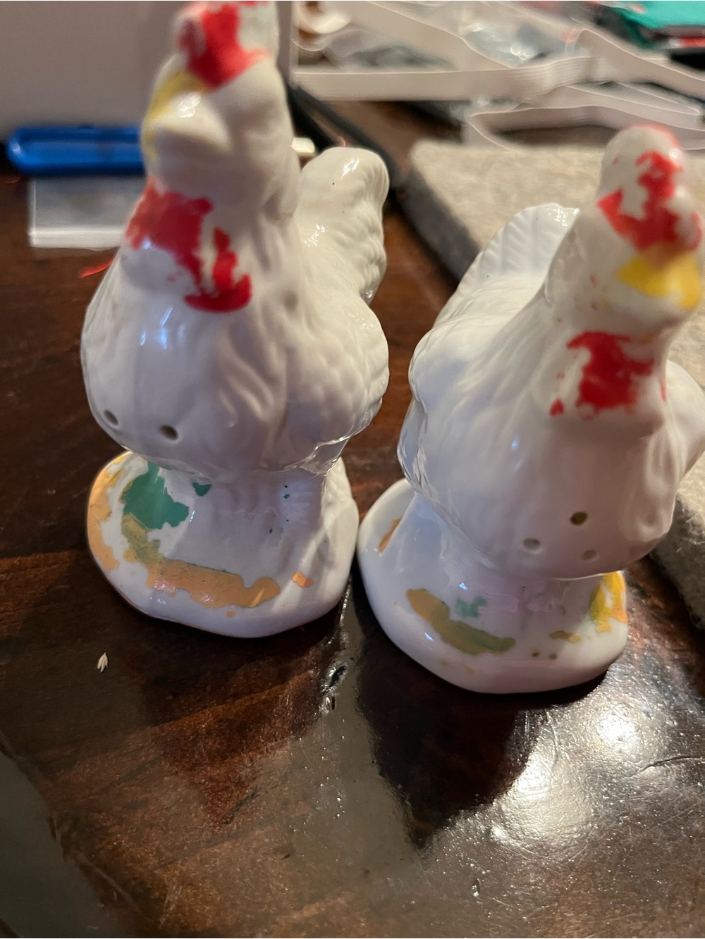 White Ceramic Rooster Salt & Pepper Shaker Set with Color Accents